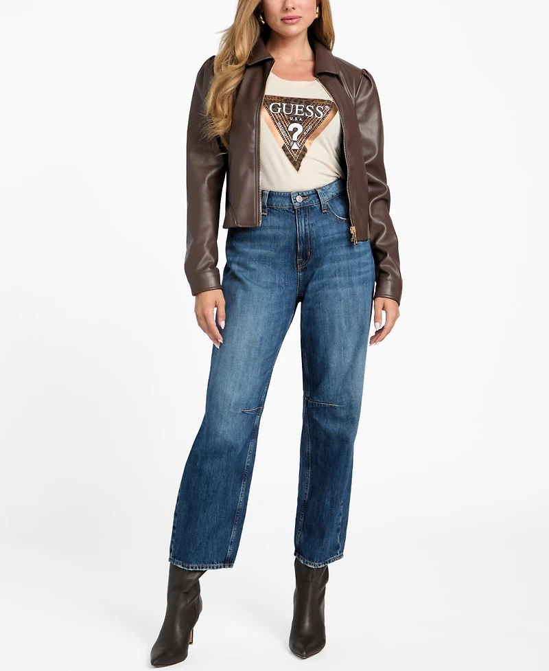 Guess Women's Faux-Leather Zip-Front Bomber Jacket