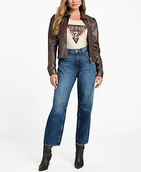 Guess Women's Faux-Leather Zip-Front Bomber Jacket
