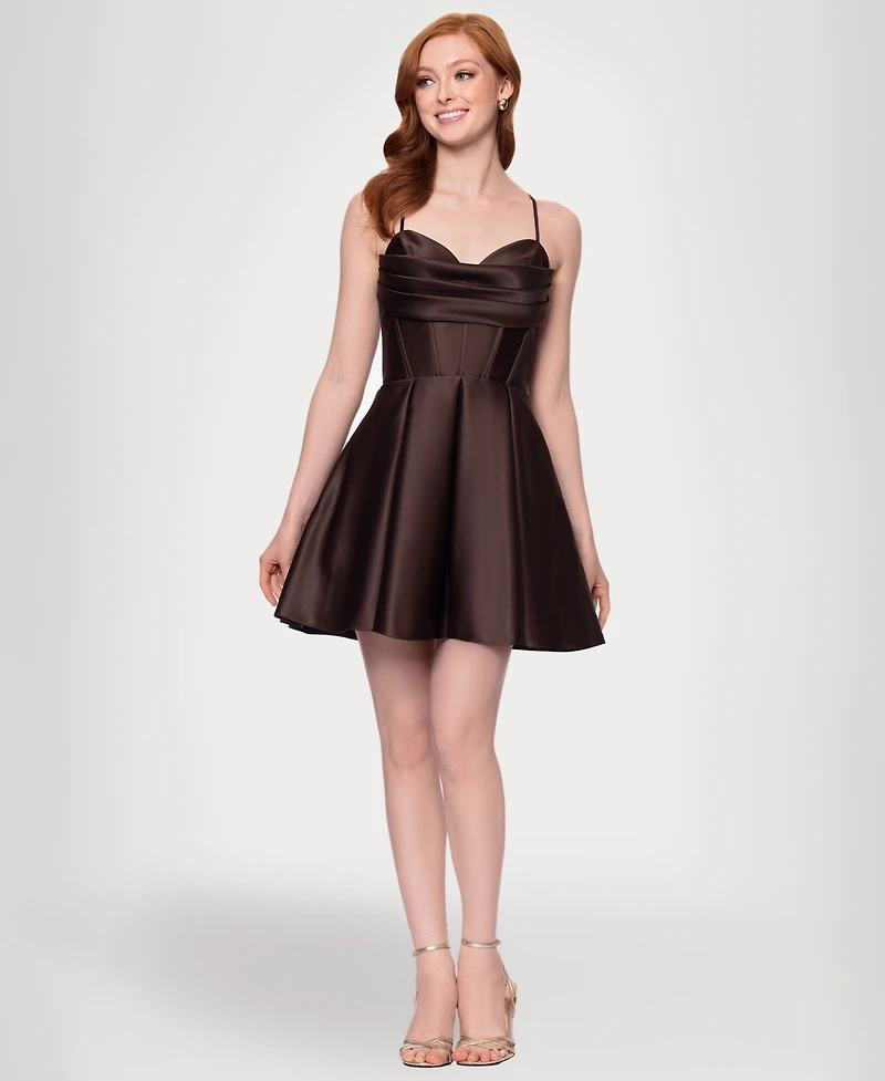 Blondie Nites Juniors' Satin Draped-Neck Mini Dress