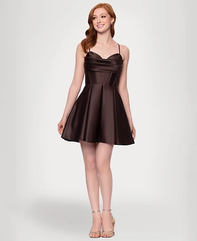 Blondie Nites Juniors' Satin Draped-Neck Mini Dress