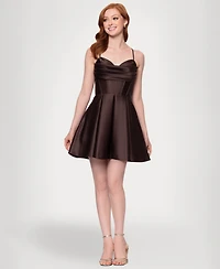 Blondie Nites Juniors' Satin Draped-Neck Mini Dress