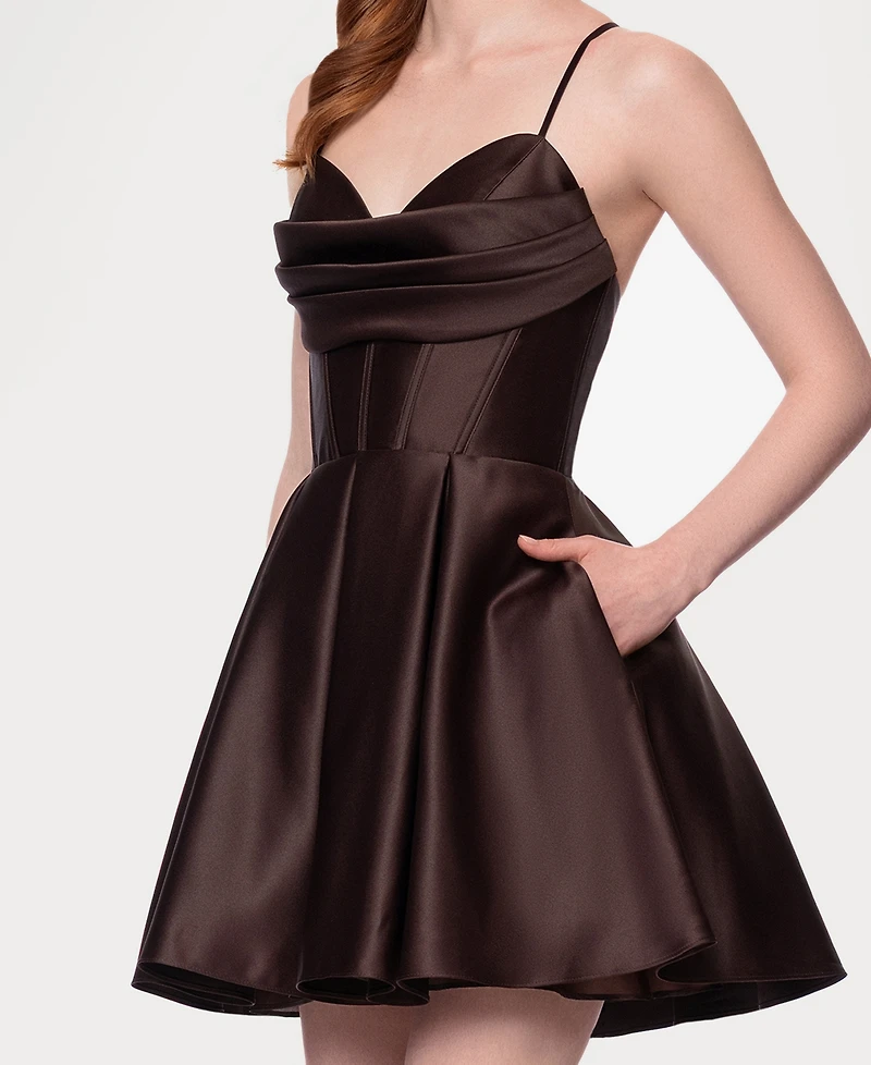 Blondie Nites Juniors' Satin Draped-Neck Mini Dress