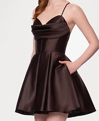 Blondie Nites Juniors' Satin Draped-Neck Mini Dress