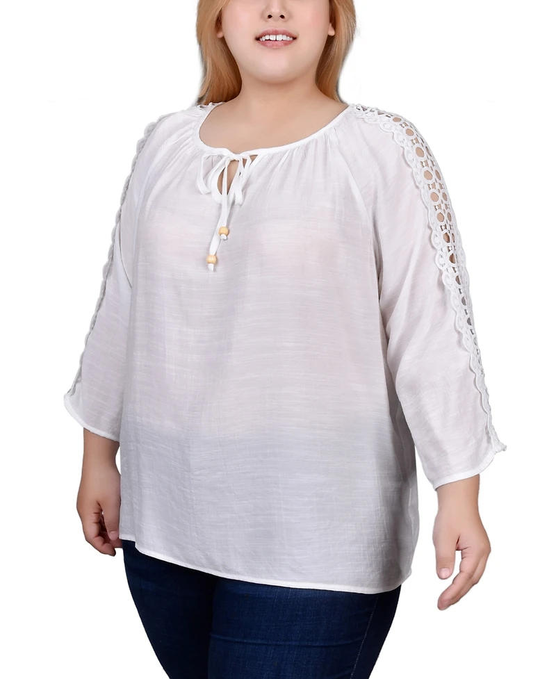 Ny Collection Plus 3/4 Sleeve Crochet Detail Top
