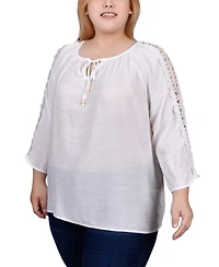 Ny Collection Plus 3/4 Sleeve Crochet Detail Top