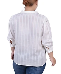 Ny Collection Plus 3/4 Puff Sleeve Cotton Jacquard Blouse
