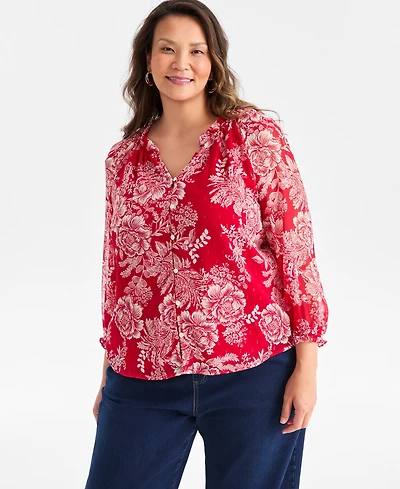 Style & Co Plus Printed Shine Ruffled Top, Macy's Exclusive