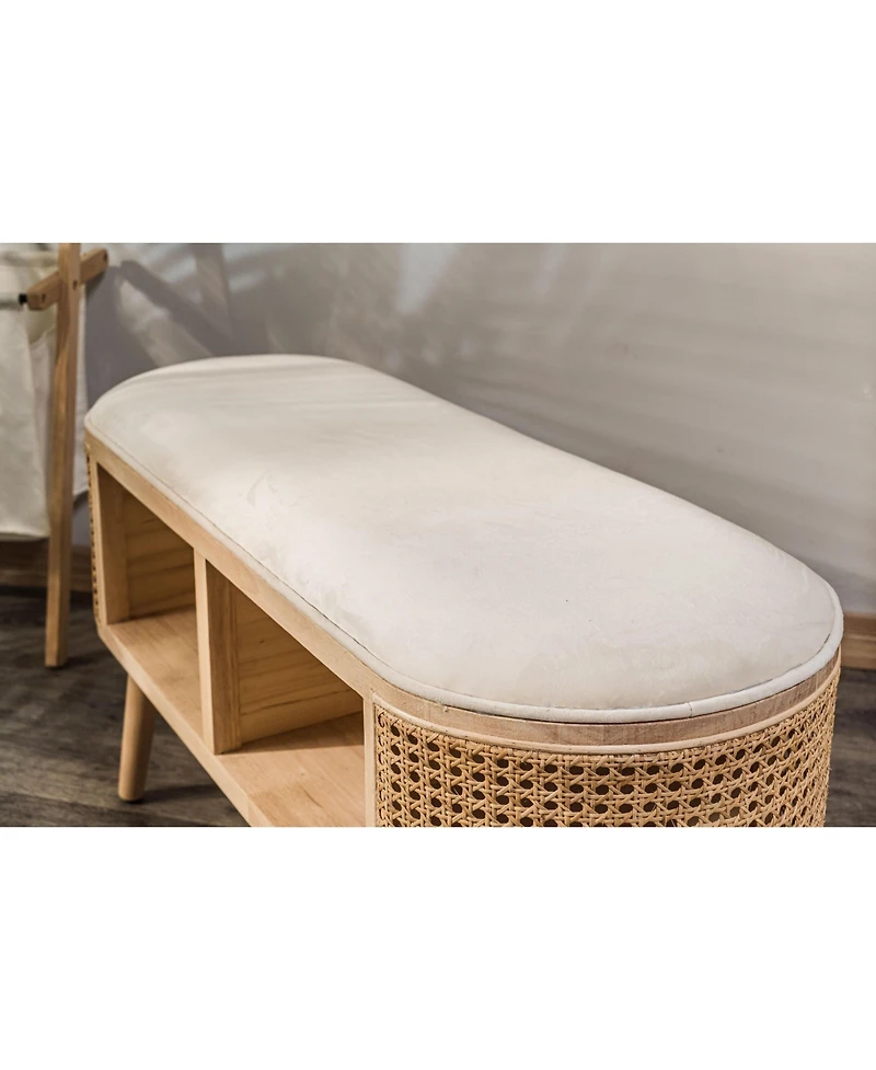 Nordlys - Beige Velvet and Rattan Storage Bench Exotic Boho Upholstery Entry