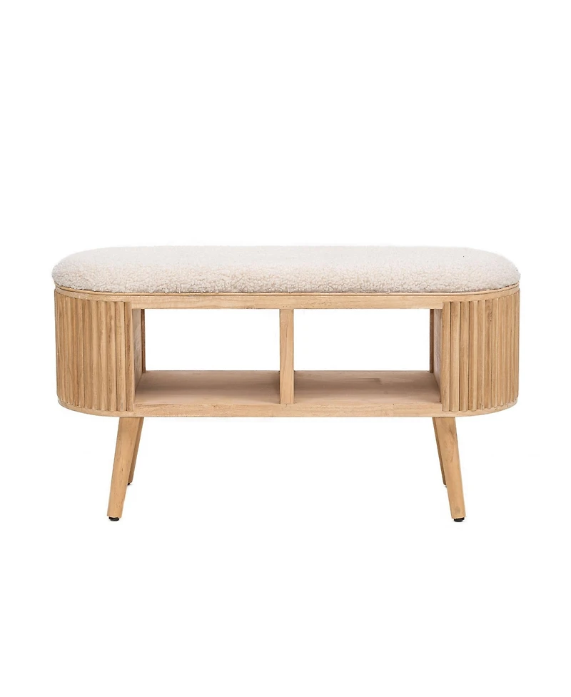 Nordlys - White Boucle and Wood Storage Bench Exotic Boho Entry