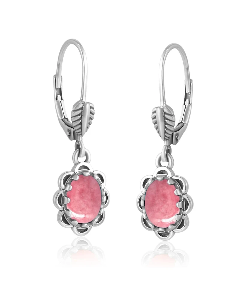 American West Jewelry Sterling Silver Rhodonite Concha Lever Back Dangle Earrings