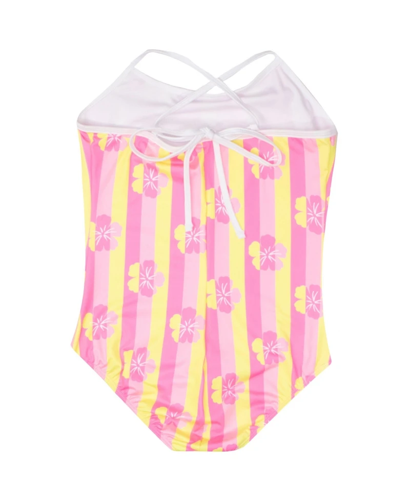 Tommy Bahama Little Girls One Piece Swimsuit - Tropical Print, Cross-Back Bathing Suit Quick-Drying Summer Swimwear (Pink/Yellow 5)