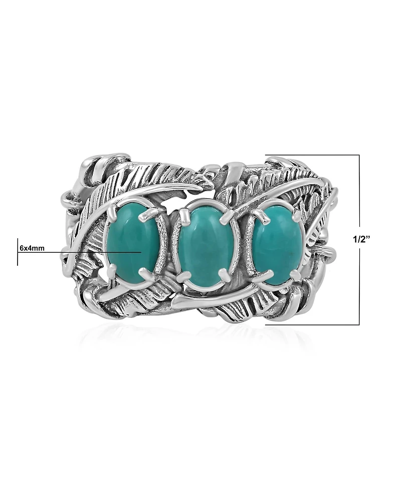American West Jewelry Sterling Silver Green Turquoise Three Stone Feather Ring, Sizes 5 to 11