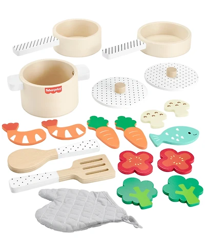 Fisher Price Wooden Pots and Pans Kitchen Set , 19 Wood Pieces