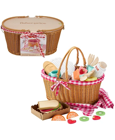 Fisher Price Wooden Picnic Basket and Food Pretend Play Set, 31 Wood Pieces