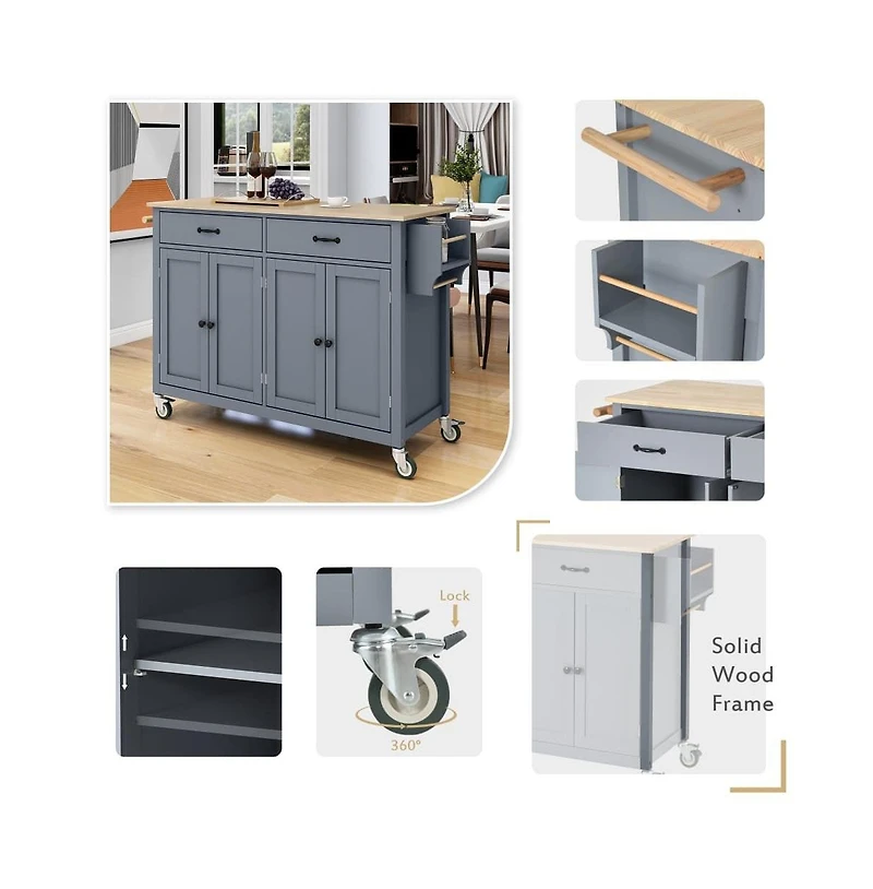 54.3" Kitchen Island Cart, Kitchen Storage Cabinet with Solid Wood Top, 4-Door Cabinet, 2 Drawers & Locking Wheels-Maison Boucle