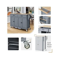 54.3" Kitchen Island Cart, Kitchen Storage Cabinet with Solid Wood Top, 4-Door Cabinet, 2 Drawers & Locking Wheels-Maison Boucle