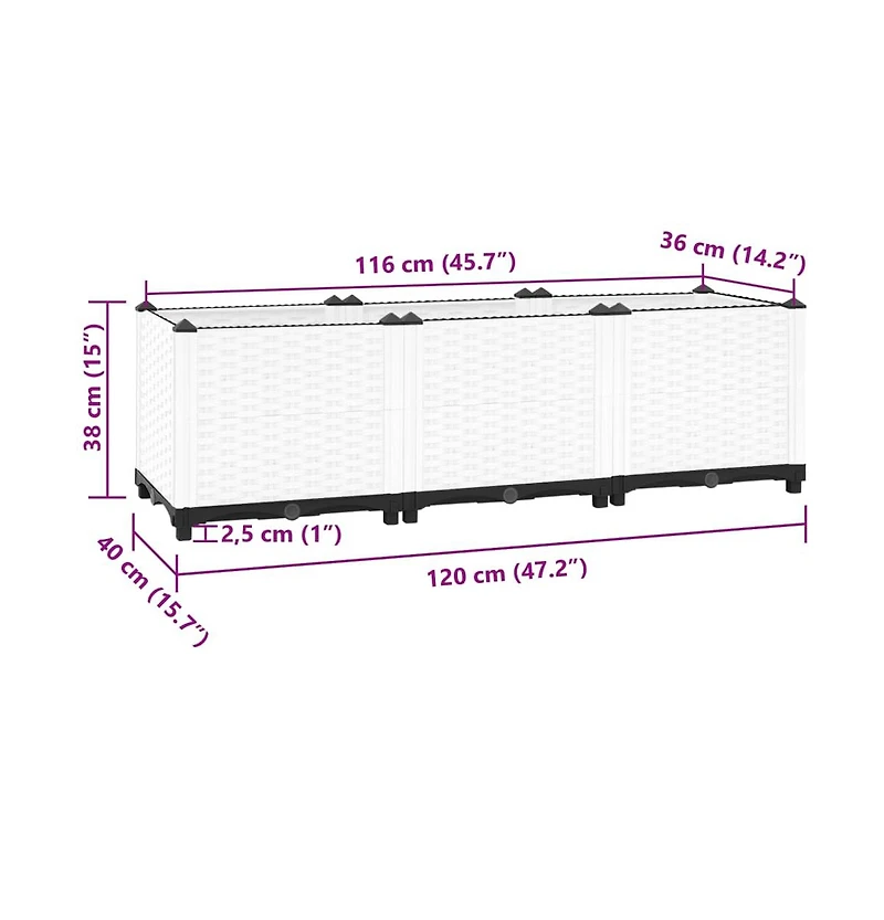 vidaXL Raised Bed White Polypropylene 47.2 x 15.7 x 15.0 in Durable