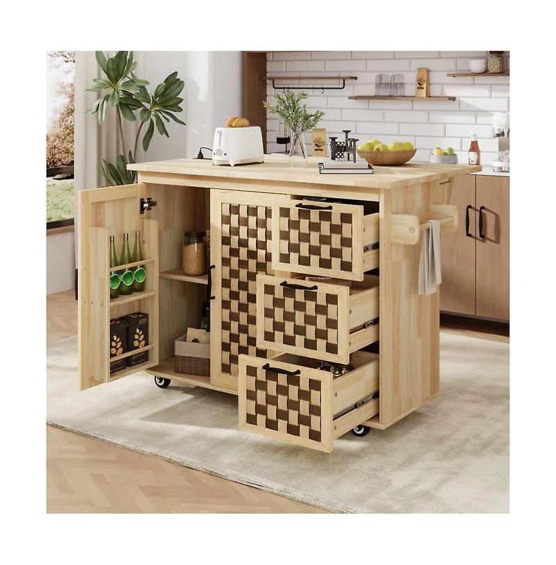 Maison Boucle 53.2" Rolling Kitchen Island with Drop Leaf, Power Outlet, 3 Drawers, Cabinets & Woven Checkerboard Design-Maison Boucle