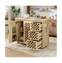 Maison Boucle 53.2" Rolling Kitchen Island with Drop Leaf, Power Outlet, 3 Drawers, Cabinets & Woven Checkerboard Design-Maison Boucle