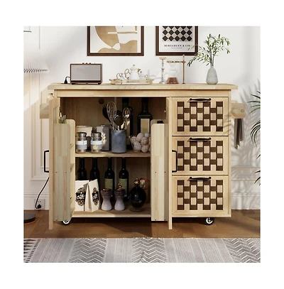 Maison Boucle 53.2" Rolling Kitchen Island with Drop Leaf, Power Outlet, 3 Drawers, Cabinets & Woven Checkerboard Design-Maison Boucle