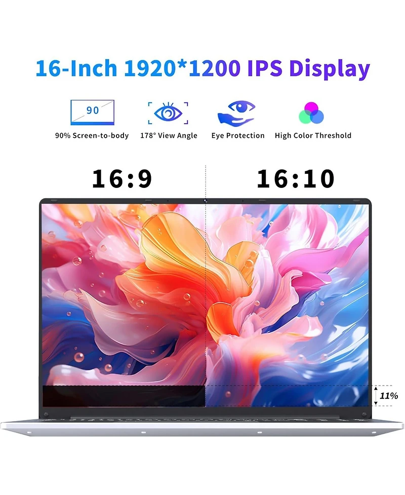 Kuu 16 Inch Laptop Computer, Gaming Laptop, 16GB Ram 1TB Ssd, N100 Processor, Fhd 1920 1200, 180° Open, Backlit Keyboard, Windows 11 Pro, Fingerp