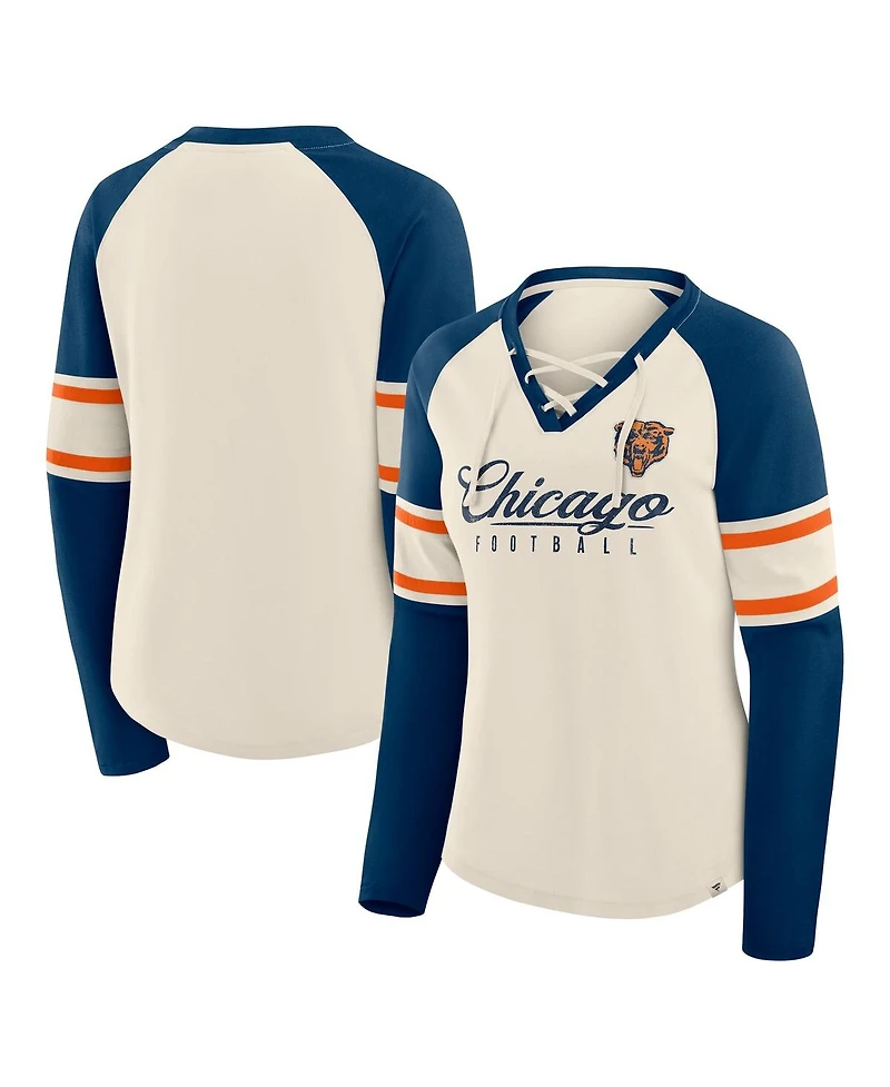 Fanatics Women's Cream/Navy Chicago Bears Hometown Gridiron Hero Raglan Lace-Up V-Neck Long Sleeve T-Shirt