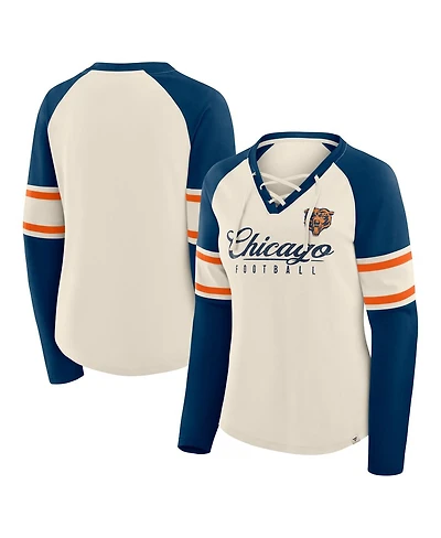 Fanatics Women's Cream/Navy Chicago Bears Hometown Gridiron Hero Raglan Lace-Up V-Neck Long Sleeve T-Shirt