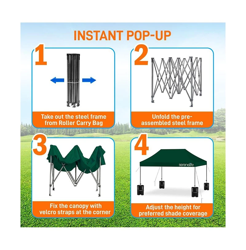 Pop Commercial Instant Shelter 10x15 ft Waterproof Polyester Tent Portable Wheeled Carry Sand Bag Forest Green