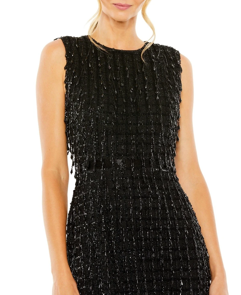 Mac Duggal Women's Sleeveless High Neck Beaded Midi Sheath Dress