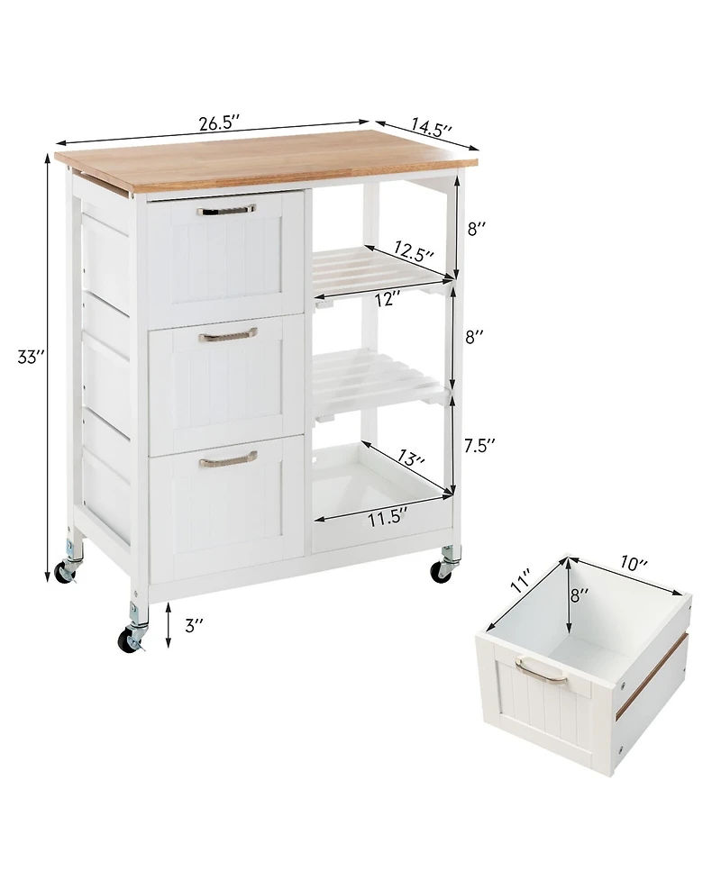 Gymax Rolling Kitchen Island Utility Storage Cart w/ 3 Storage Drawers & Shelves