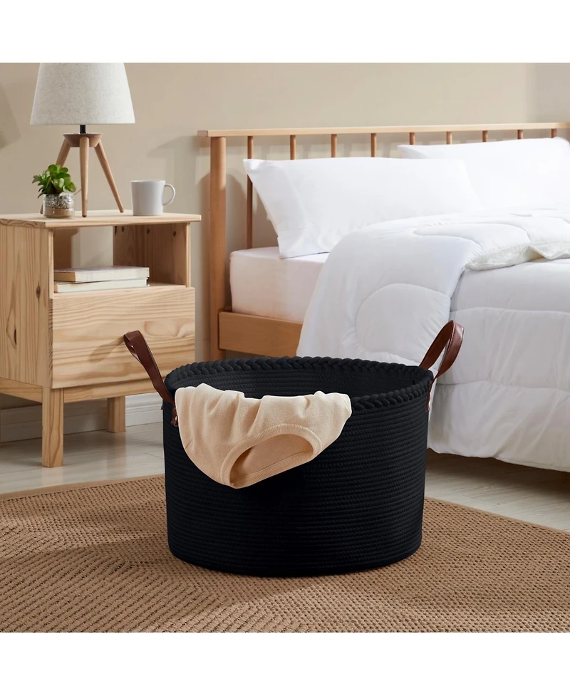 Ornavo Home 21" Large Round Cotton Rope Storage Basket Laundry Hamper with Faux Leather Handles
