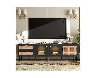Casainc Rattan Tv Stand with 3 Cabinets & 2 Drawers Media Console Table for TVs up to 80" Led Light