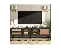 Casainc Rattan Tv Stand with 3 Cabinets & 2 Drawers Media Console Table for TVs up to 80" Led Light