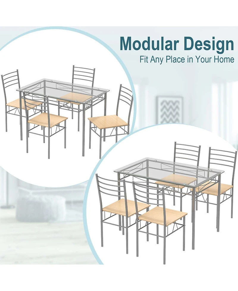 Costway 5 Piece Dining Set Table and 4 Chairs Glass Top Kitchen Breakfast Furniture