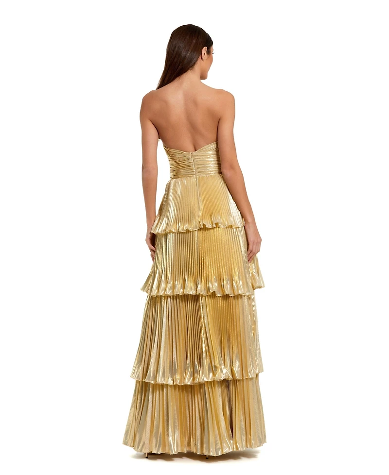 Mac Duggal Women's Strapless Pleated Metallic Layered High Low Gown