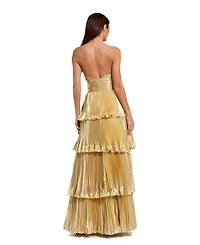 Mac Duggal Women's Strapless Pleated Metallic Layered High Low Gown