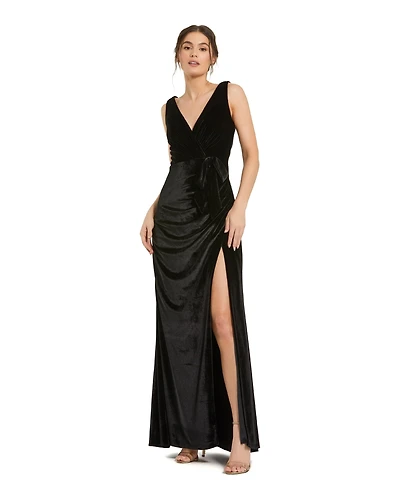 Mac Duggal Women's Deep V High Slit Draped Velvet Fitted Gown