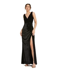 Mac Duggal Women's Deep V High Slit Draped Velvet Fitted Gown