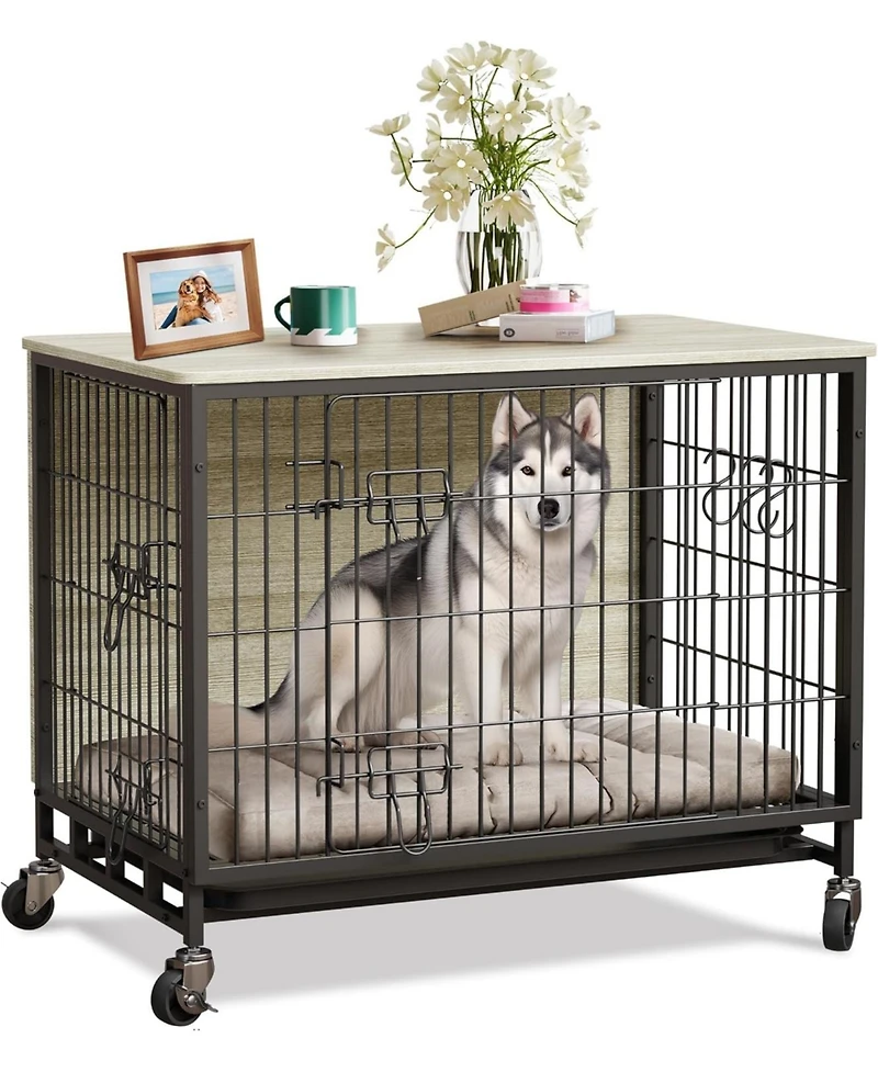 27" Grey & Black Modern Furniture-Style Dog Crate with Double Door, 360° Rotating Wheels, Anti-Slip Feet & Divider, End Table Design