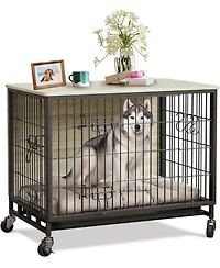 27" Grey & Black Modern Furniture-Style Dog Crate with Double Door, 360° Rotating Wheels, Anti-Slip Feet & Divider, End Table Design