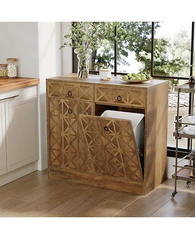 Tribesigns Modern Kitchen Island with Double Tilt-Out Trash Cabinet, 13 Gallon Fluted Storage Cabinet with 2 Drawers & Hidden Trash Bins, Rustic Brown