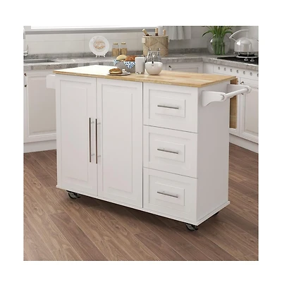 Maison Boucle 53.5" Rolling Kitchen Island Cart with Solid Wood Drop Leaf, 3 Drawers, Cabinet, Spice and Towel Rack-Maison Boucle