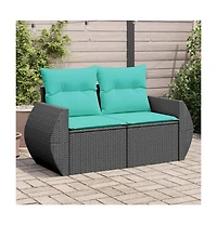 vidaXL Patio Sofa with Cushions 2-Seater Black Poly Rattan