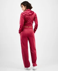 Guess Womens Couture Cropped Velour Hoodie Couture Short Sleeve T Shirt Straight Leg Velour Pants