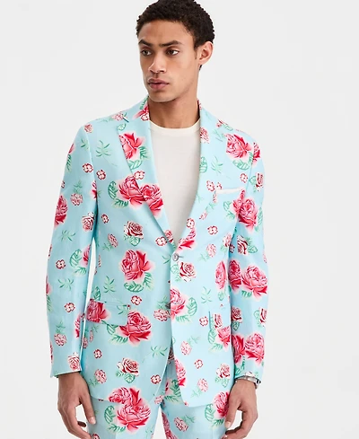 Tallia Men's Slim-Fit Linen-Blend Patterned Blazer