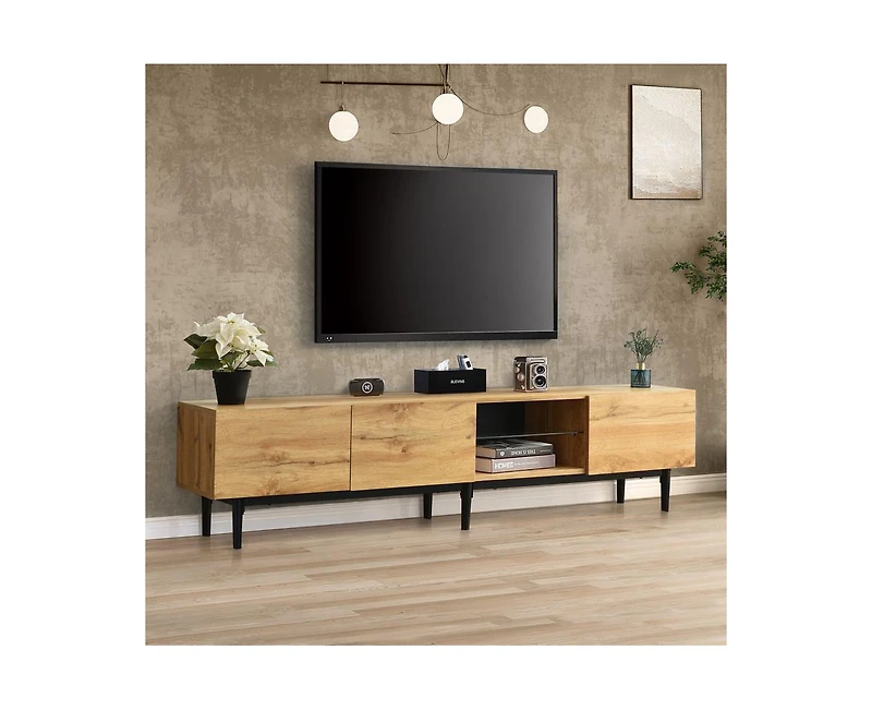 Casainc Tv Stand with 4 Cabinets& Open Shelves, Color-matching Media Console Table for TVs up to 80" with Led Light