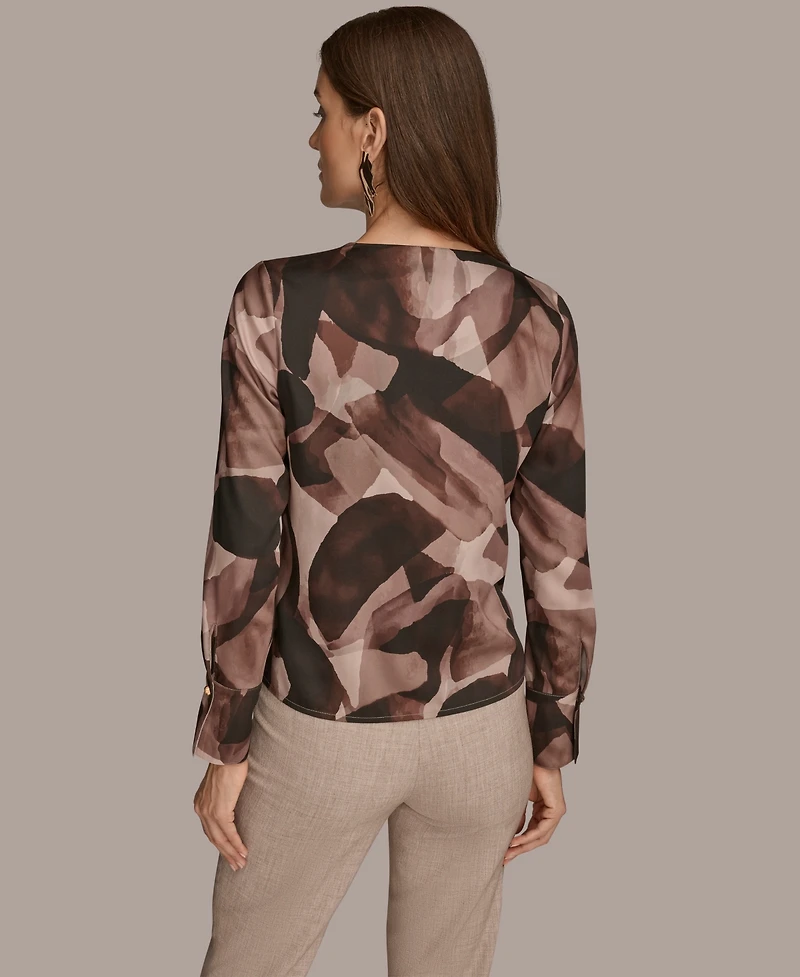 Donna Karan New York Petite Printed Satin Long Sleeve Wrap Top