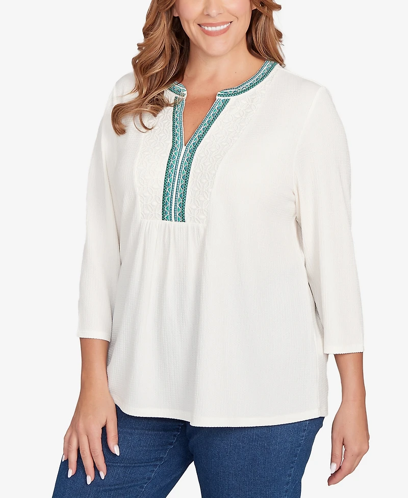 Ruby Rd. Plus Embellished Textured Split Neck Top