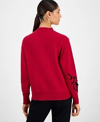 T Tahari Women's Mock Neck Floral Embroidered Sweater
