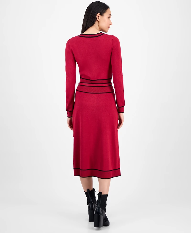 T Tahari Women's Wide-Rib Belted Sweater Dress